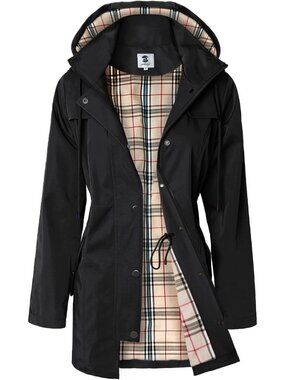 Women's Black Long Hooded Rain Jacket Outdoor Raincoat Windbreaker Rain Coat